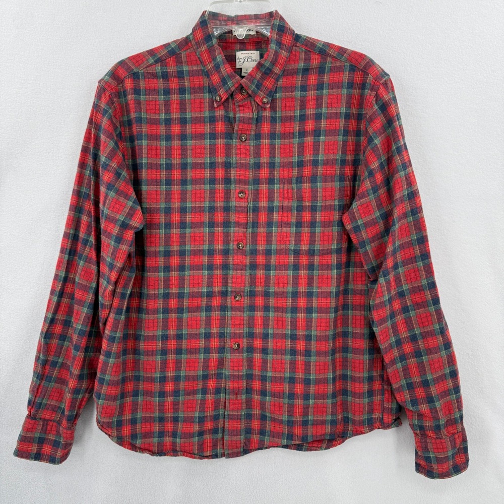 J. Crew Brushed Twill Shirt Mens Large Red Plaid Slim Untucked Button Down